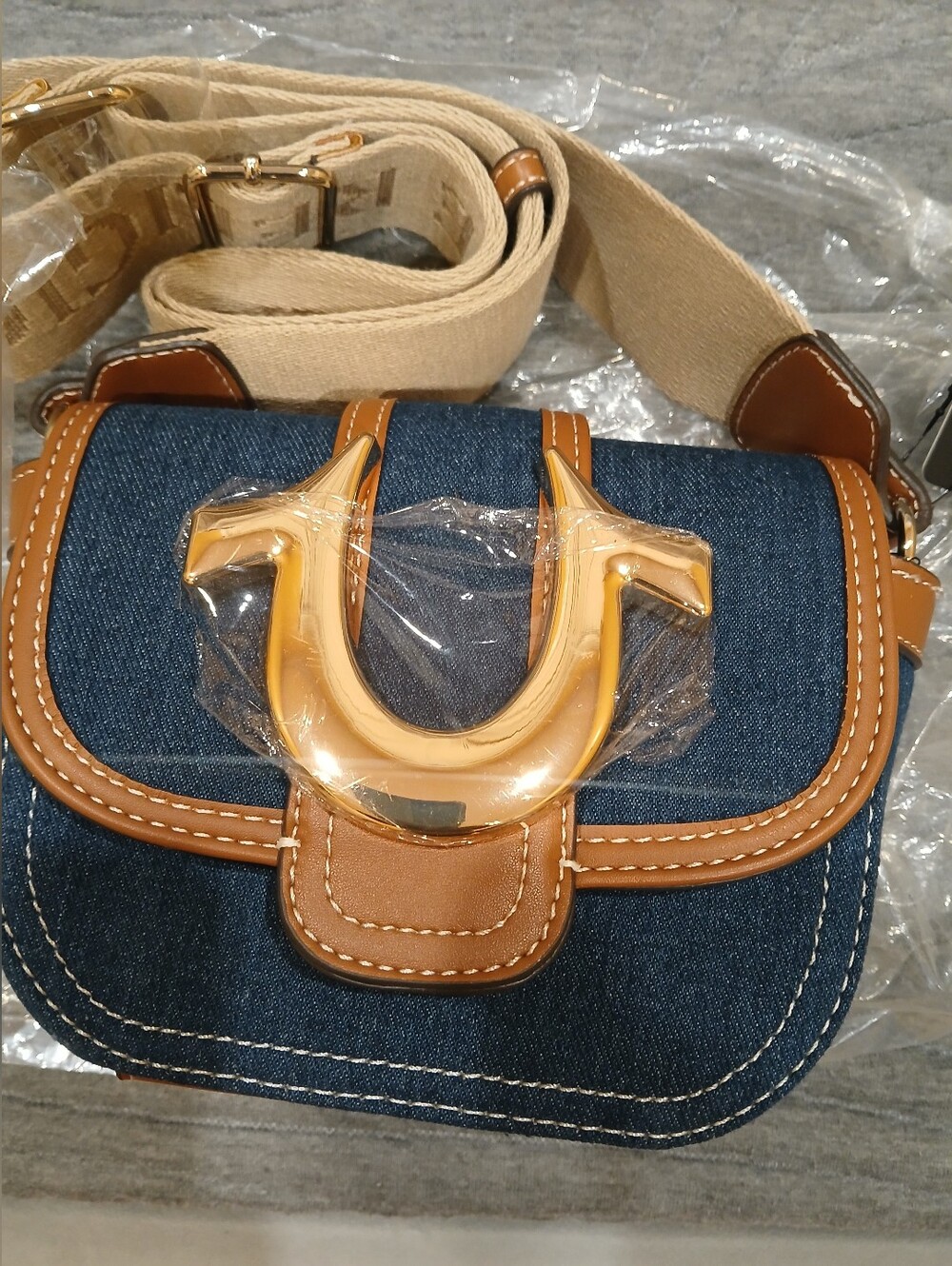 True Religion Leather-Trim Denim Crossbody Bag with Gold Hardware